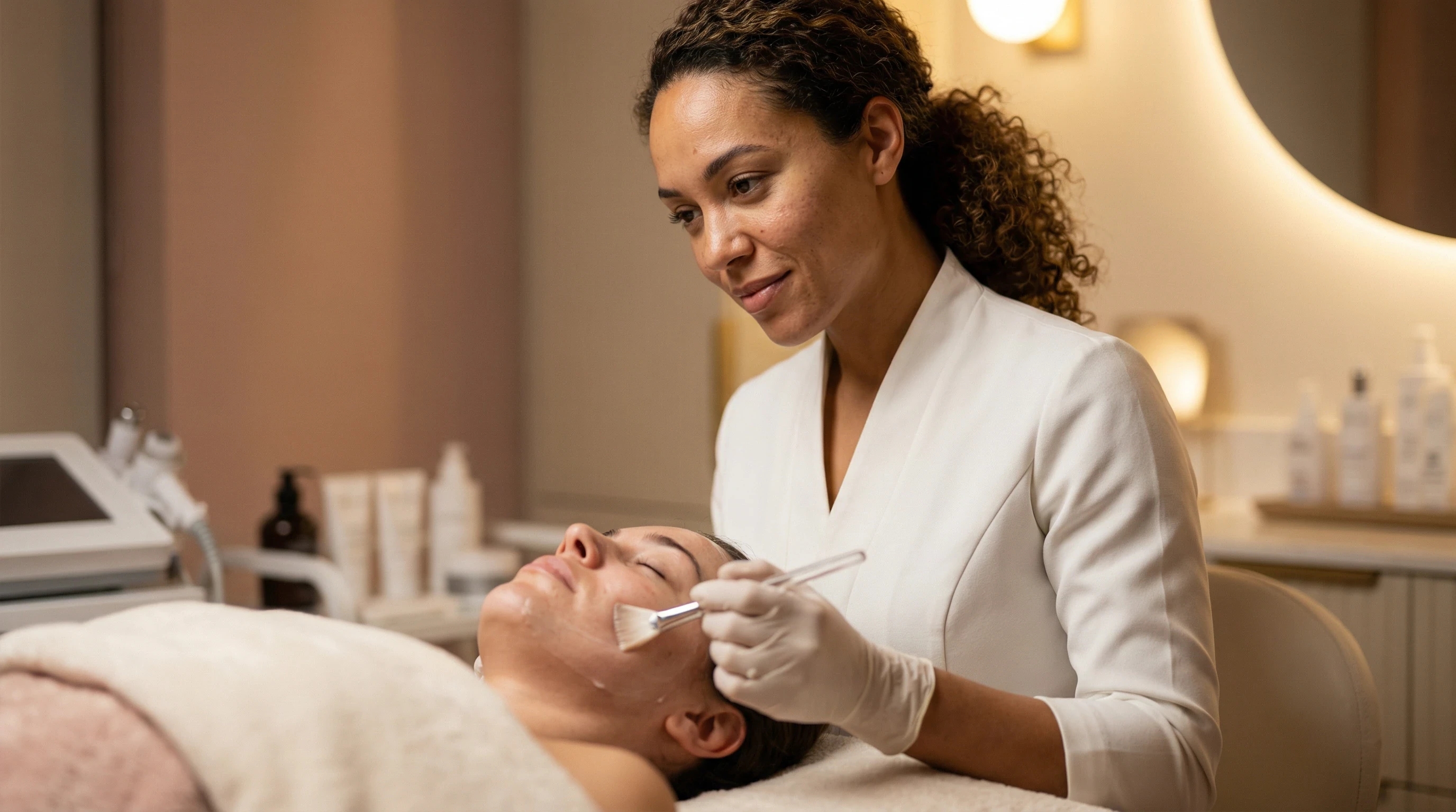 Esthetician performing chemical peel treatment