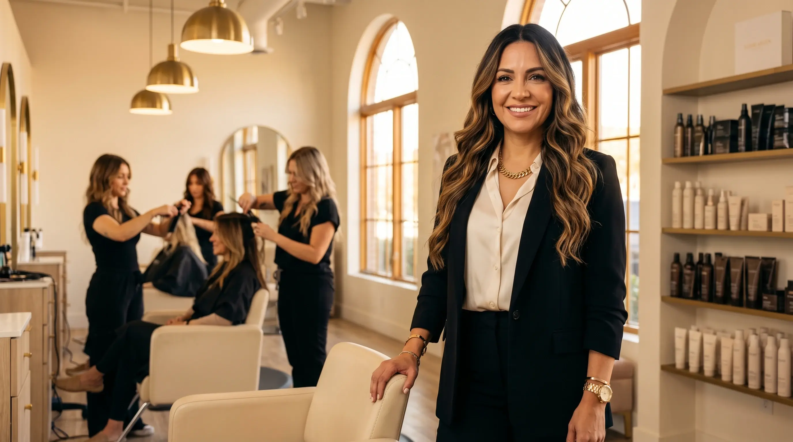 Salon owner standing proudly in thriving salon