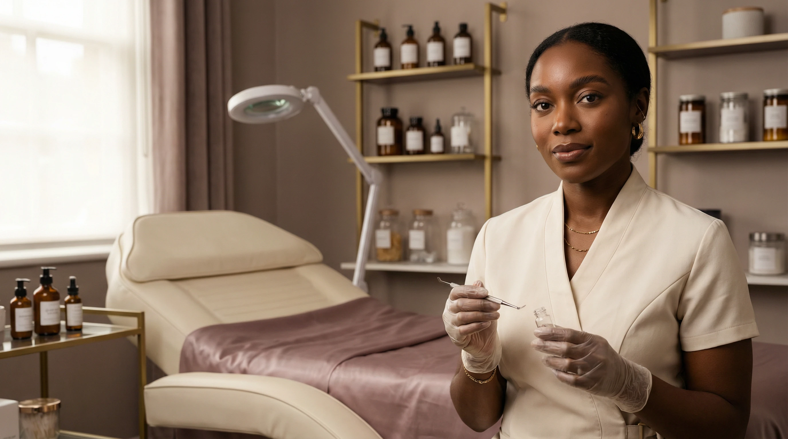 Esthetician with lash lift tools